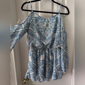 Altar'd State Blue White Geometric Floral Long Sleeve Romper